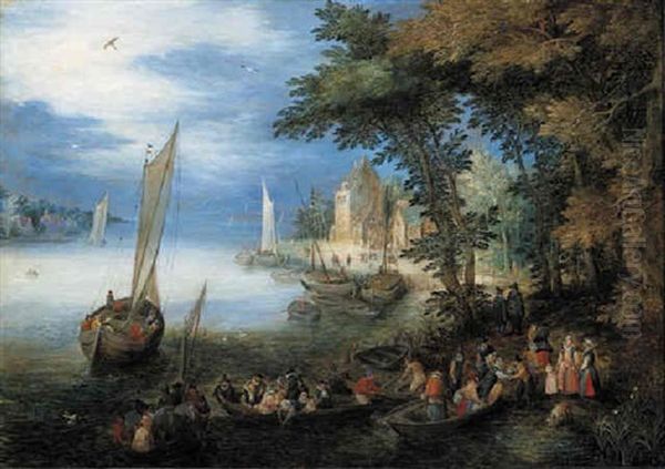 A River Landscape With A Ferry Arriving Near A Landingstage, A Sailing Vessel Nearby Oil Painting by Jan Brughel
