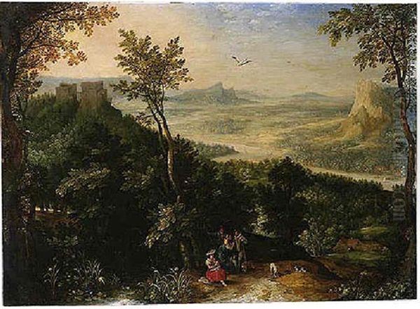 An Extensive Landscape With Figures On A Wooded Path Oil Painting by Jan Brughel