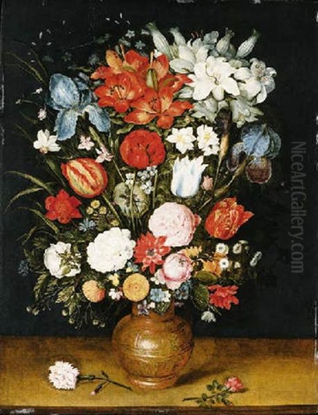 Lilies, Irises, Tulips, Carnations, Roses And Other Flowers In A Vase, With A Dragonfly, A Grasshopper And A Bee, On A Ledge Oil Painting by Jan Brughel