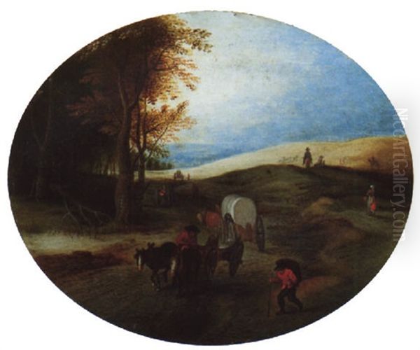 An Open Landscape With Travellers And Horse-drawn Carts On A Track Oil Painting by Jan Brughel