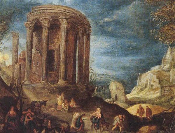 An Extensive Landscape With The Flight Into Egypt And An Architectural Capriccio Of The Temple Of The Tiburtine Sibyl Oil Painting by Jan Brughel