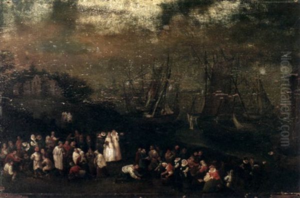 A River Scene With Numerous Figures In The Foreground Oil Painting by Jan Brughel