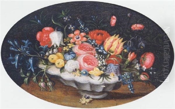 Mixed Flowers In A White Glazed Earthenware Bowl On A Table Oil Painting by Jan Brughel