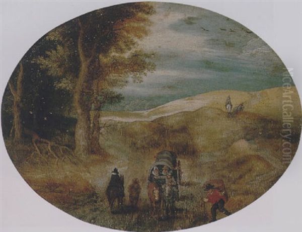 A Hilly Landscape With A Horse-drawn Cart And Other Travellers On A Track At The Edge Of A Wood Oil Painting by Jan Brughel