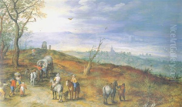 An Extensive Landscape With Villagers, Horsemen And Wagons On A Path Oil Painting by Jan Brughel