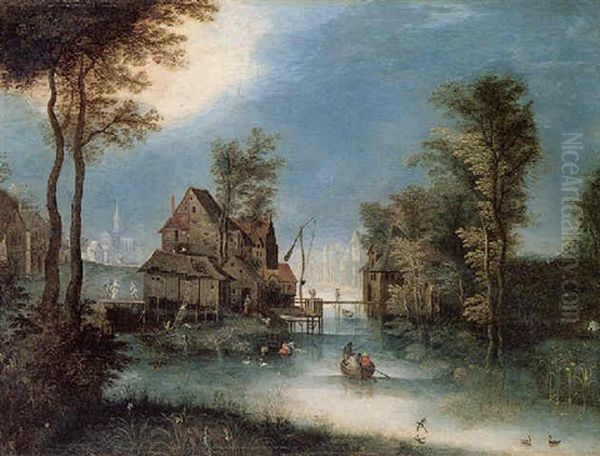 Landscape With A Village Beside A Canal Oil Painting by Jan Brughel