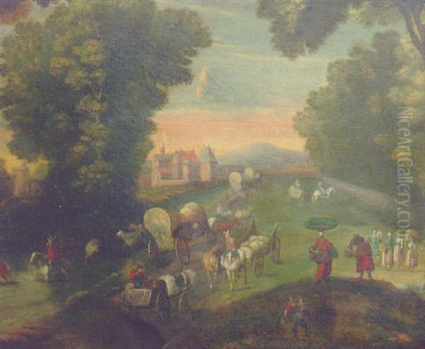 Peasants And Travellers On A Road By A Fortified Mansion Oil Painting by Jan Brughel