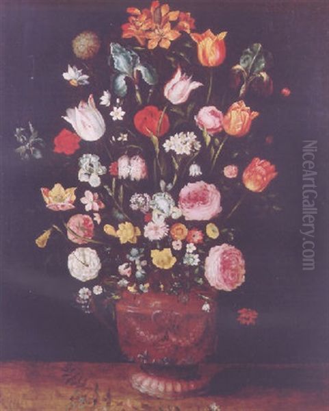 Roses, Tulips, Lilies And Other Flowers In A Sculpted Vase On A Wooden Ledge Oil Painting by Jan Brughel