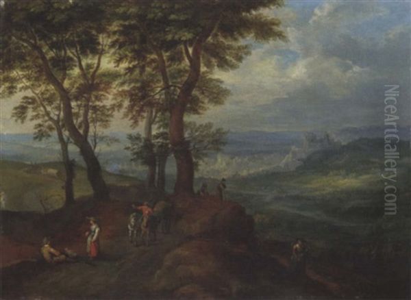An Extensive Wooded Landscape With Peasants On A Path, A Town Beyond Oil Painting by Jan Brughel