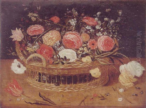 Still Life Of Roses, Variegated Tulips And Other Flowers In A Basket Oil Painting by Jan Brughel
