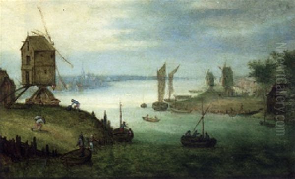 A River Landscape With Ferry At A Landing Stage By A Windmill Oil Painting by Jan Brughel