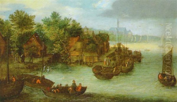 A River Landscape With Fishermen In Boats And A Ferry By A Village Jetty, A Church Beyond Oil Painting by Jan Brughel
