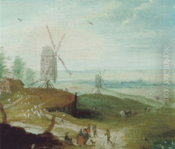 Flamische Landschaft Mit Windmuhlen Und Reisenden Oil Painting by Jan Brughel