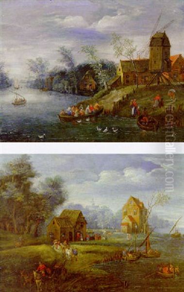 A River Landscape, With Peasants At A Landing Stage, A Windmill Nearby Oil Painting by Jan Brughel