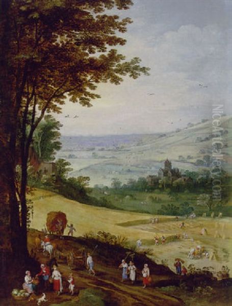 Peasants Harvesting, An Extensive Landscape With A Church Beyond Oil Painting by Jan Brughel