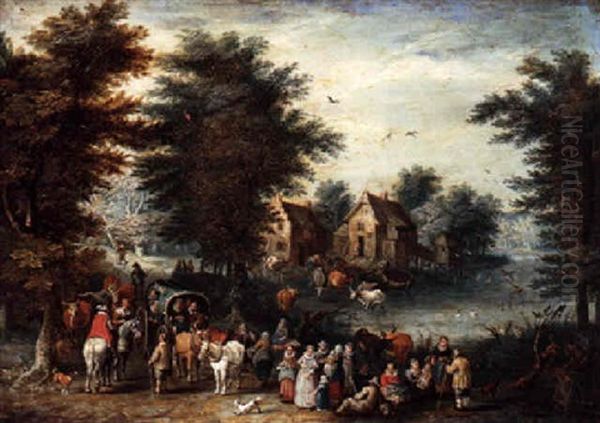 A Wooded Landscape With Villagers And Travellers Oil Painting by Jan Brughel