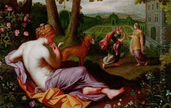 The Sense Of Smell: A Reclining Nymph In A Garden Holding A Rose Oil Painting by Jan Brughel