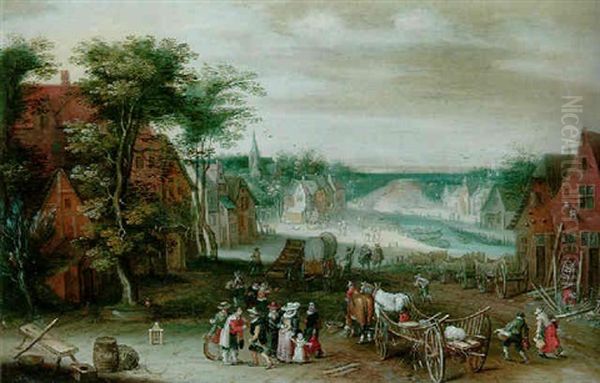 A Village By A River, With Peasants, Townsfolk And Wagons Oil Painting by Jan Brughel
