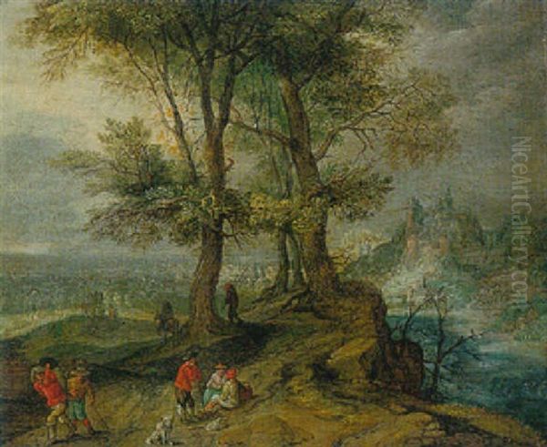 A Wooded Landscape With Travellers On A Path Oil Painting by Jan Brughel