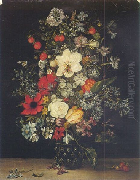 Still Life Of Flowers And Fraises De Bois In A Glass Vase Upon A Ledge Oil Painting by Jan Brughel