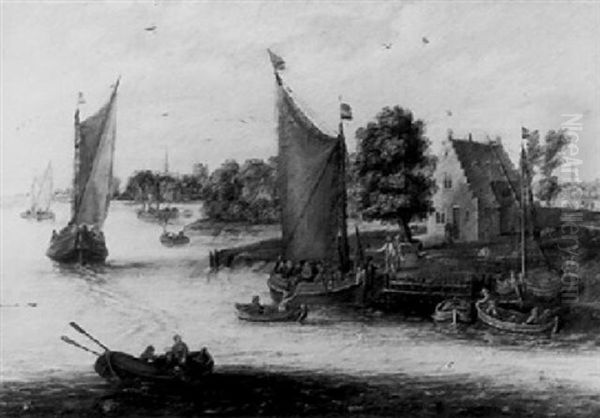 Passenger Boats And Fishing Boats Along The Bank Of A River Oil Painting by Jan Brughel