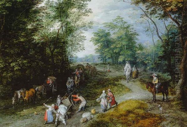 A Wooded Landscape With Travellers And An Upset Cart On A Wooded Track Oil Painting by Jan Brughel
