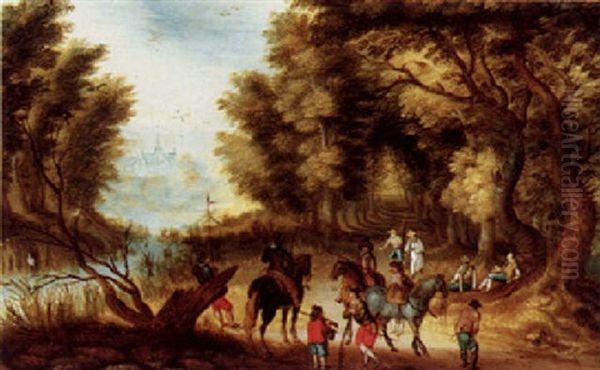 A Wooded Landscape With Figures Resting On A Path Oil Painting by Jan Brughel