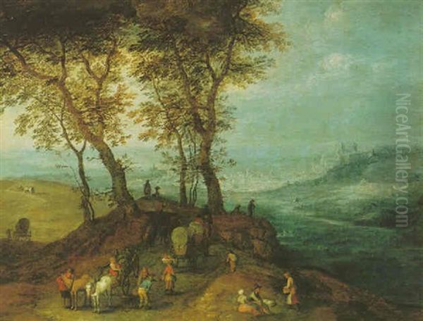 A Hilly Landscape With Peasants And Horse-drawn Carts, A Town Beyond Oil Painting by Jan Brughel