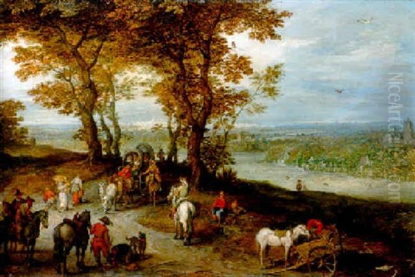 Landscape With Travellers Halted On A Track By A Wooded Knoll Oil Painting by Jan Brughel