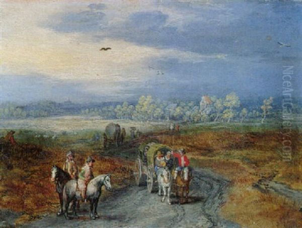 Travellers On A Country Road, A Village Beyond Oil Painting by Jan Brughel