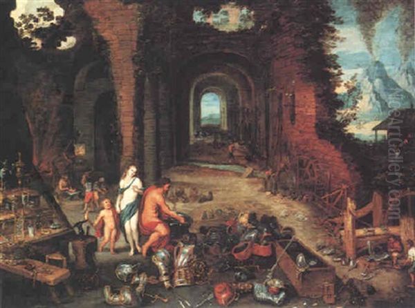 Venus And Cupid Visiting Vulcan's Forge (an Allegory Of Fire) Oil Painting by Jan Brughel