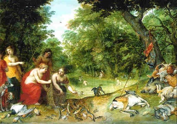 An Allegory Of The Elements Earth, Air And Water: Nymphs Bathing In A Wooded Glade With Trophies Of The Hunt Nearby Oil Painting by Jan Brughel
