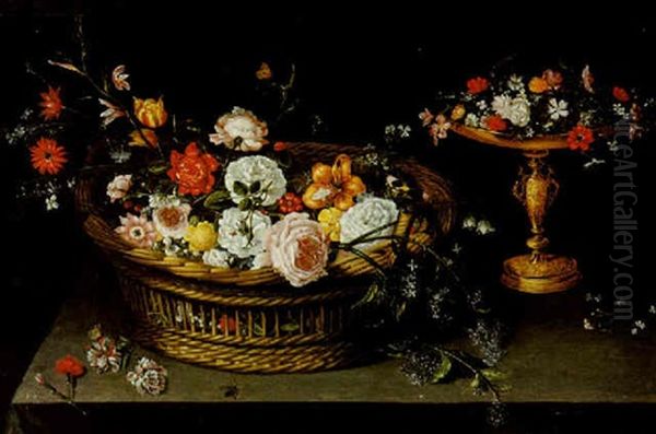 A Still Life Of Roses, Tulips, Lilies And Other Flowers In A Basket, And A Gilt Tazza With Flowers On A Table Oil Painting by Jan Brughel
