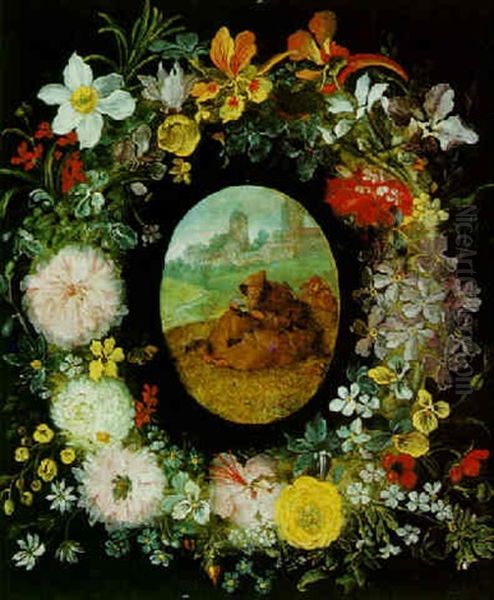 A Garland Of Flowers Surrounding The Temptation Of Saint Anthony Oil Painting by Jan Brughel