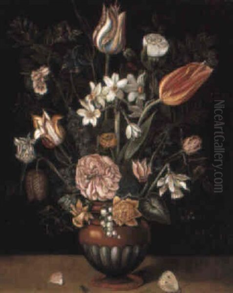 Tulips And Other Flowers In A Vase On A Ledge Oil Painting by Jan Brughel