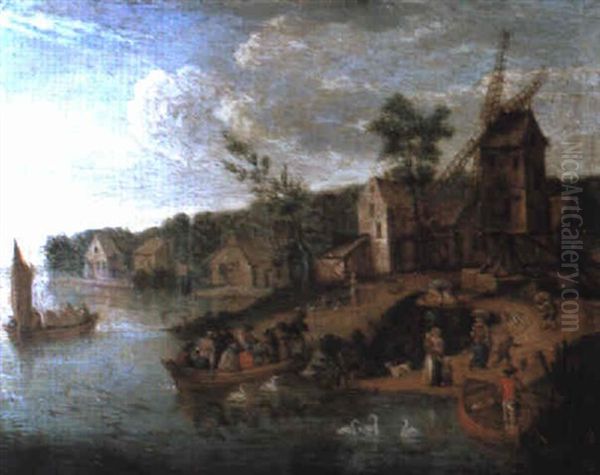 A River Landscape With A Ferry Arriving At A Village Near A Windmill Oil Painting by Jan Brughel
