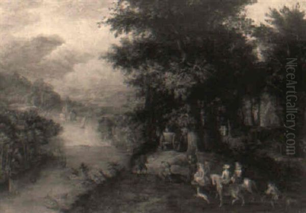 An Extensive River Landscape With A Hunting Party And Travellers On A Path Oil Painting by Jan Brughel