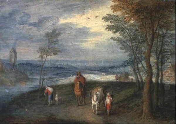 A River Landscape With Travellers On A Track Oil Painting by Jan Brughel