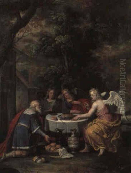 Kn+lende Konge Ved Et Bord Med Tre Engle Oil Painting by Jan Brughel