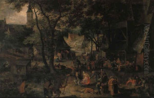 Dorfstrase Mit Feiernden Bauern Oil Painting by Jan Brughel