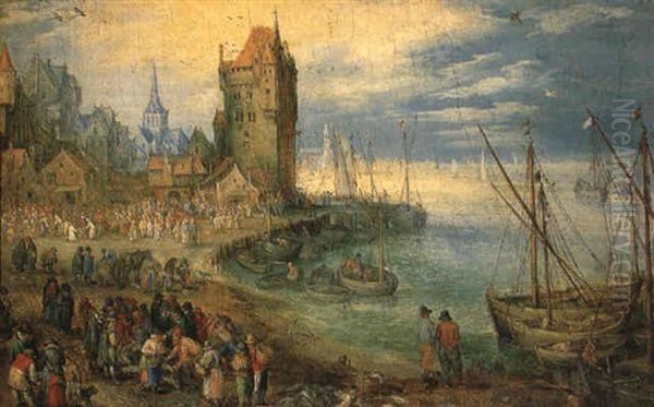 A View Of A Town By A River With Moored Sailing Vessels By A Quay Oil Painting by Jan Brughel