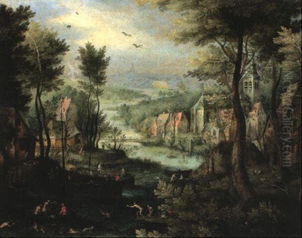 Dorflandschaft Mit Badenden Oil Painting by Jan Brughel