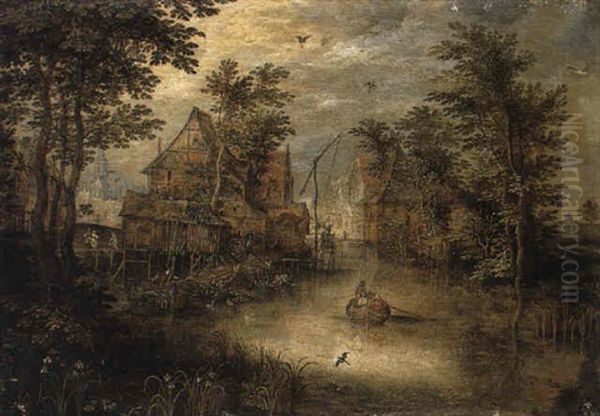 River At The Edge Of A Town With Men In A Rowing Boat Oil Painting by Jan Brughel