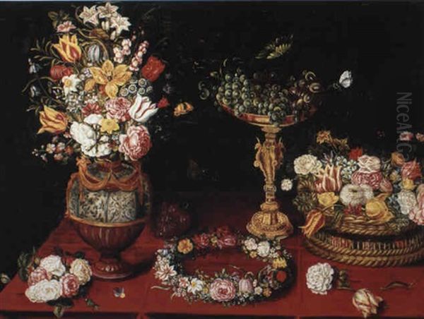 Still Life With Flowers In A Vase And A Basket Of Fruit On A Draped Ledge Oil Painting by Jan Brughel