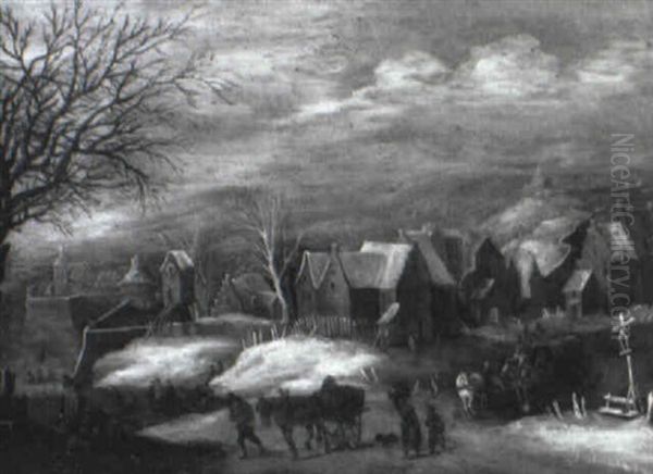 Winter Landscape With Walled Town, Windmill  And Travellers Oil Painting by Jan Brughel