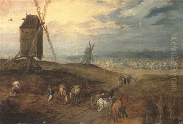 Landscape With Peasants Loading A Cart On A Path Oil Painting by Jan Brughel