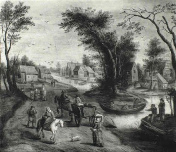 Wooded River Landscapes With Peasants, Cattle And A Cart On A Track Oil Painting by Jan Brughel