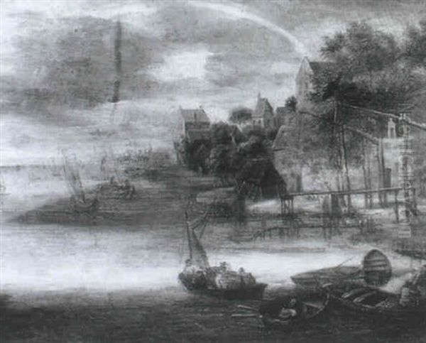 A Coastal Village With Figures And Horse On A Ferry Oil Painting by Jan Brughel