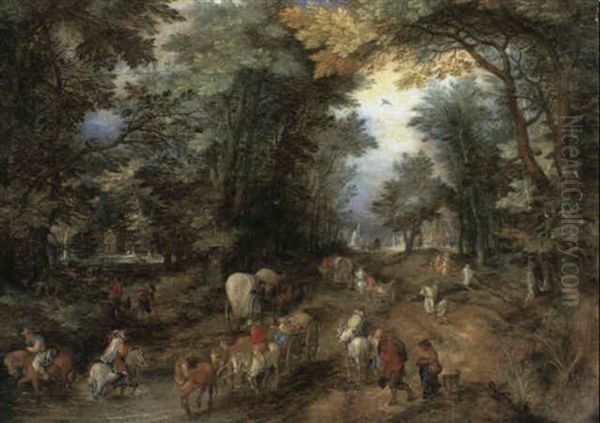 Travellers On A Wooded Path Before A Village Oil Painting by Jan Brughel