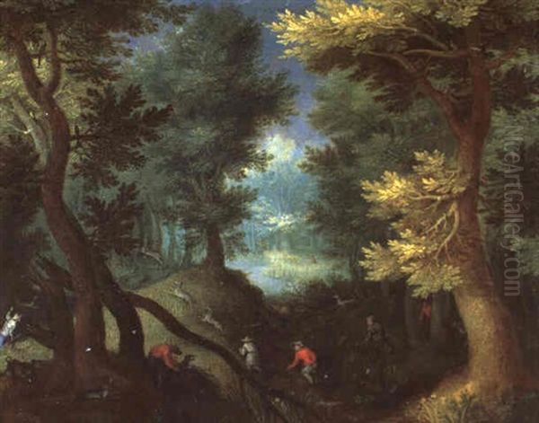 Waldlandschaft Mit Jagern Auf Der Hirschenjagd Oil Painting by Jan Brughel